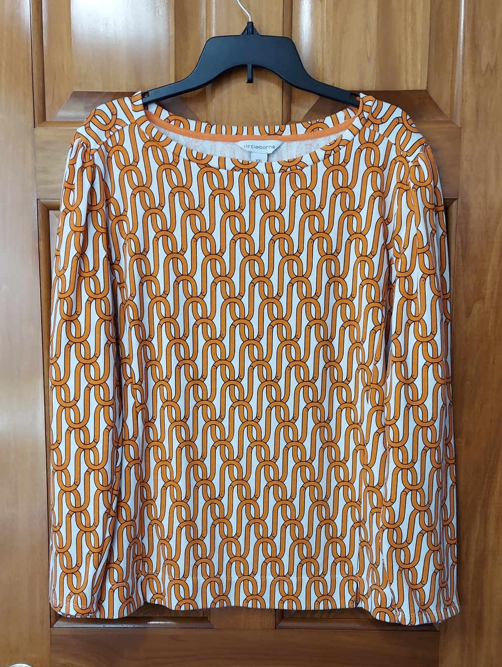 Liz Claiborne Orange & Black Chain-Link Print Top On White Base, Size XXL